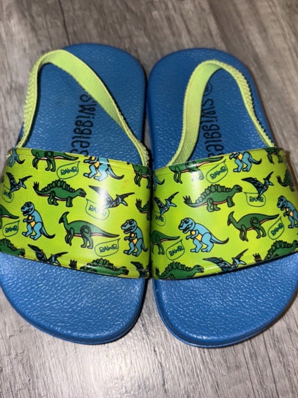 Kids Slide Sandals with Green Dino Print and Blue Footbed